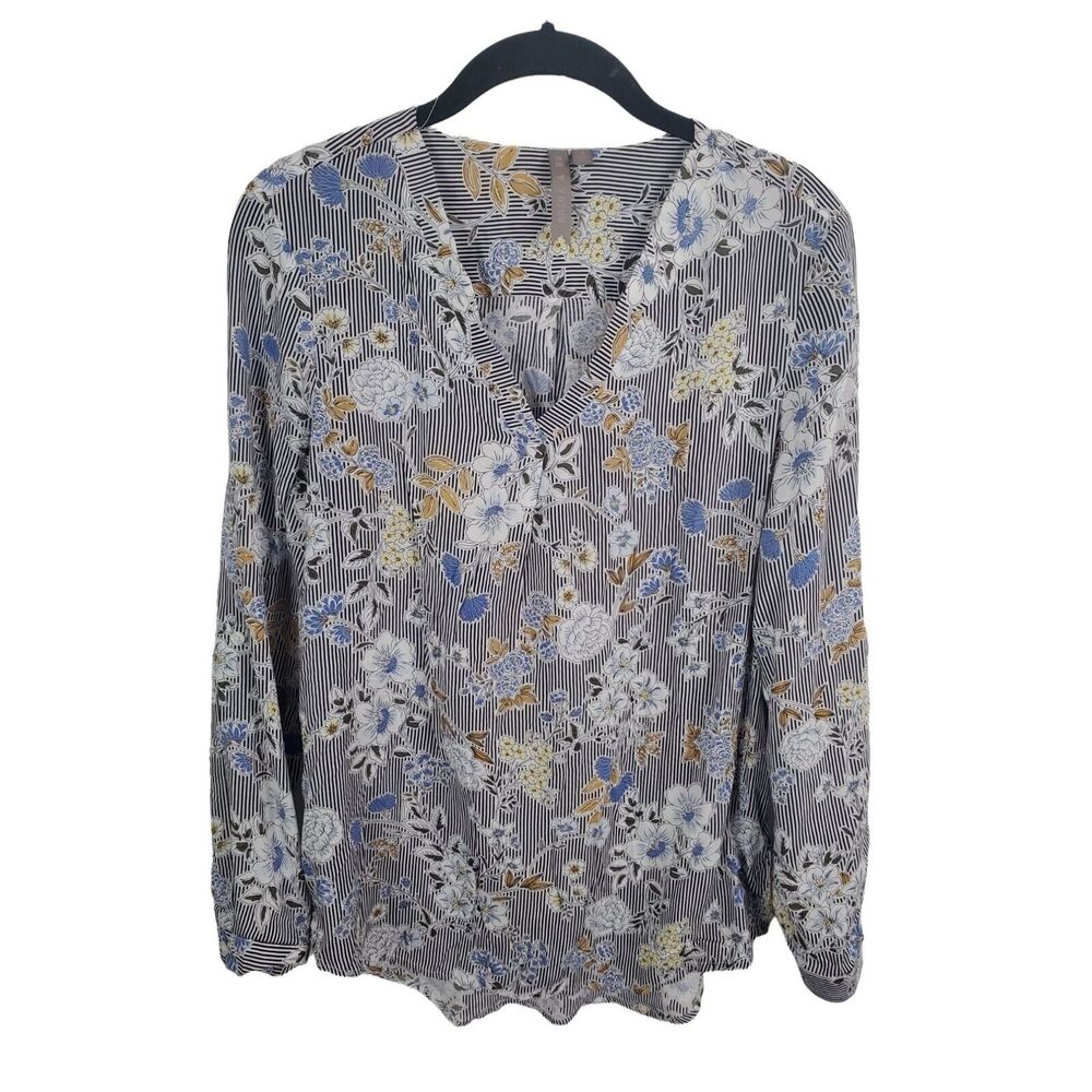 Brina & Em Blouse Small‎ Womens Roll Tab Sleeve V Neck Multicolor Flowy Floral